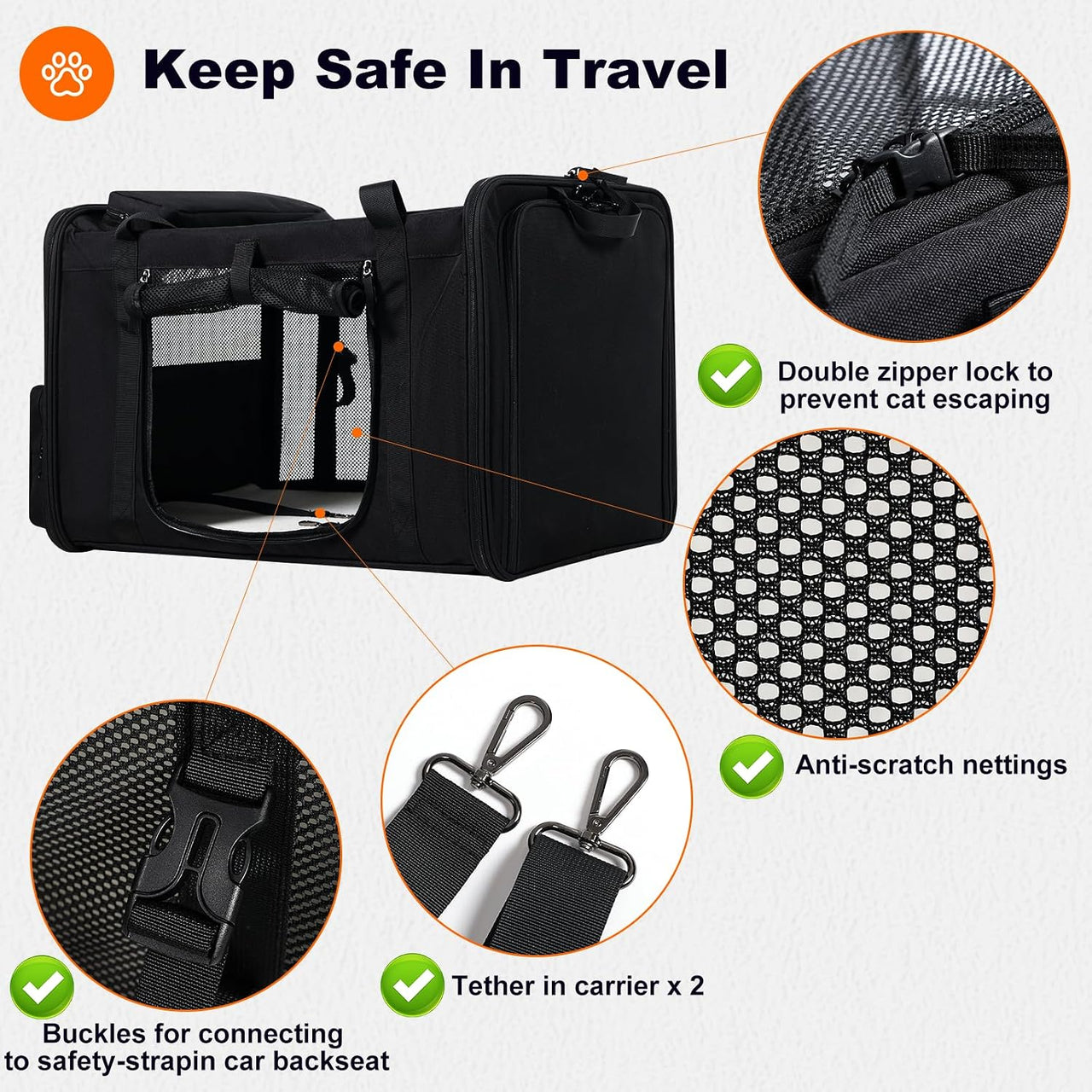 25''(L) X 17''(W) X 17''(H) Extra-Large Expandable Cat Carrier for Long Distance Car Travel,For 1 Extra-Large Cat / 2 Large Cats / 3 Small-Medium Cats up to 35 Lbs(Black)