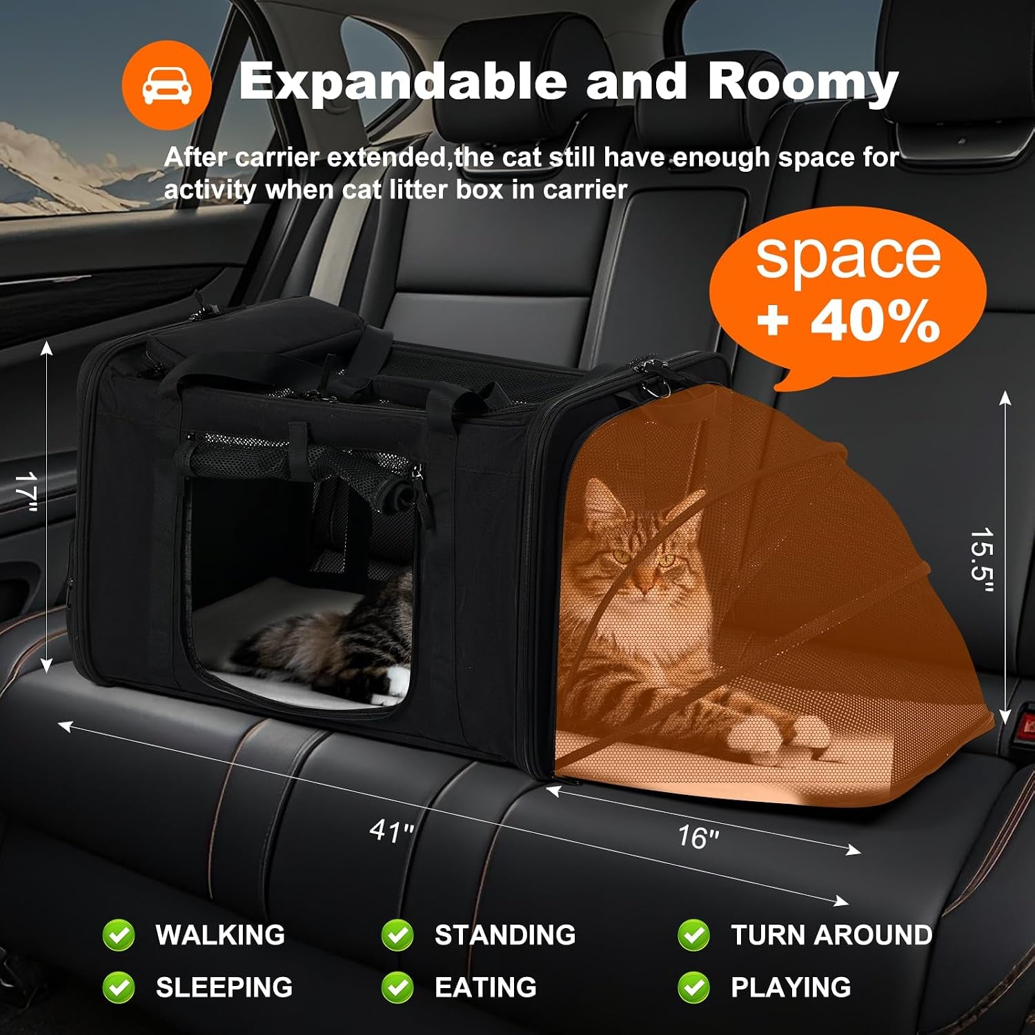 25''(L) X 17''(W) X 17''(H) Extra-Large Expandable Cat Carrier for Long Distance Car Travel,For 1 Extra-Large Cat / 2 Large Cats / 3 Small-Medium Cats up to 35 Lbs(Black)