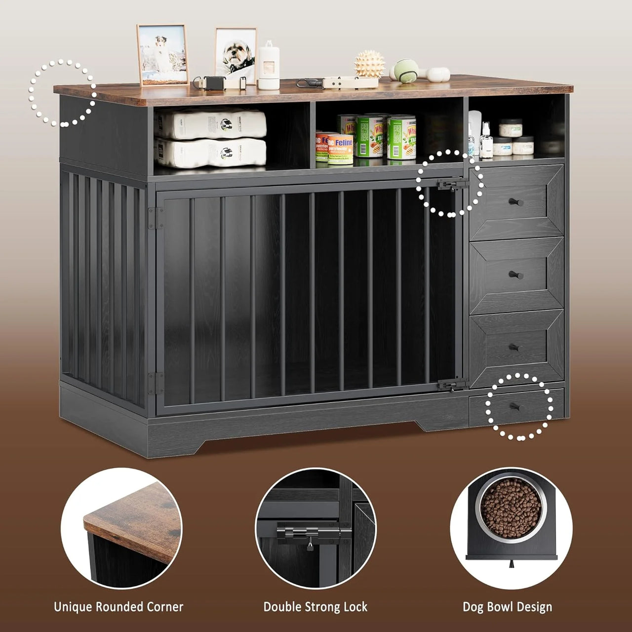 Dog Crate Furniture, Farmhouse Heavy Duty Dog Kennel with Bowl & Storage Drawers, Medium Dog Cage End Table for Small Medium Dogs, Black