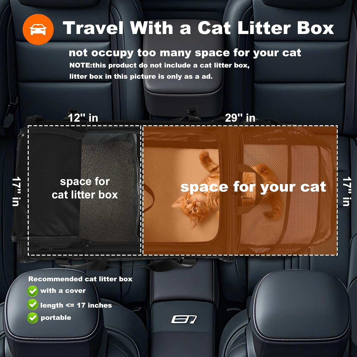 25''(L) X 17''(W) X 17''(H) Extra-Large Expandable Cat Carrier for Long Distance Car Travel,For 1 Extra-Large Cat / 2 Large Cats / 3 Small-Medium Cats up to 35 Lbs(Black)